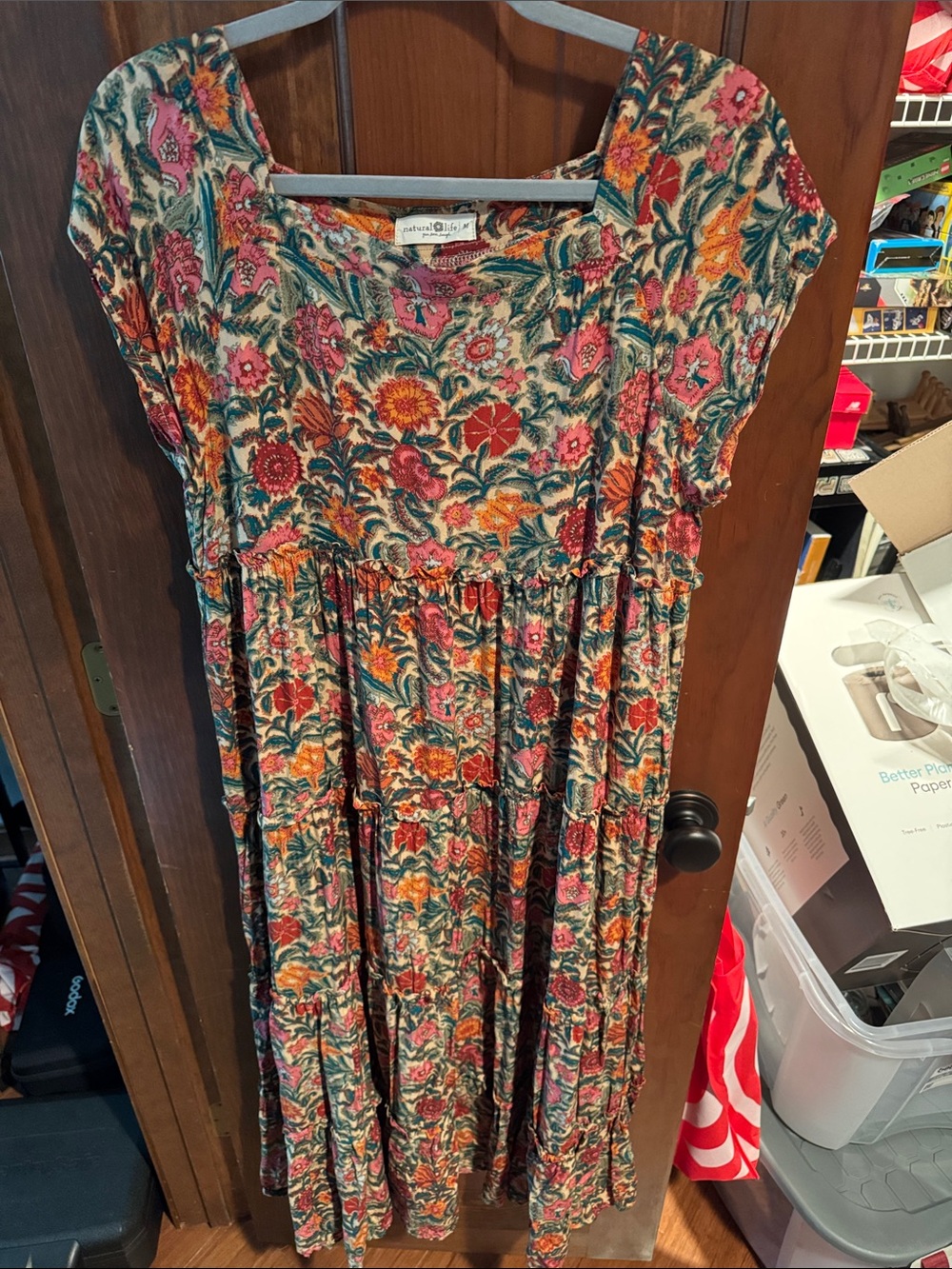 NATURAL LIFE Floral Tiered Maxi Dress in Pink, Orange, Green